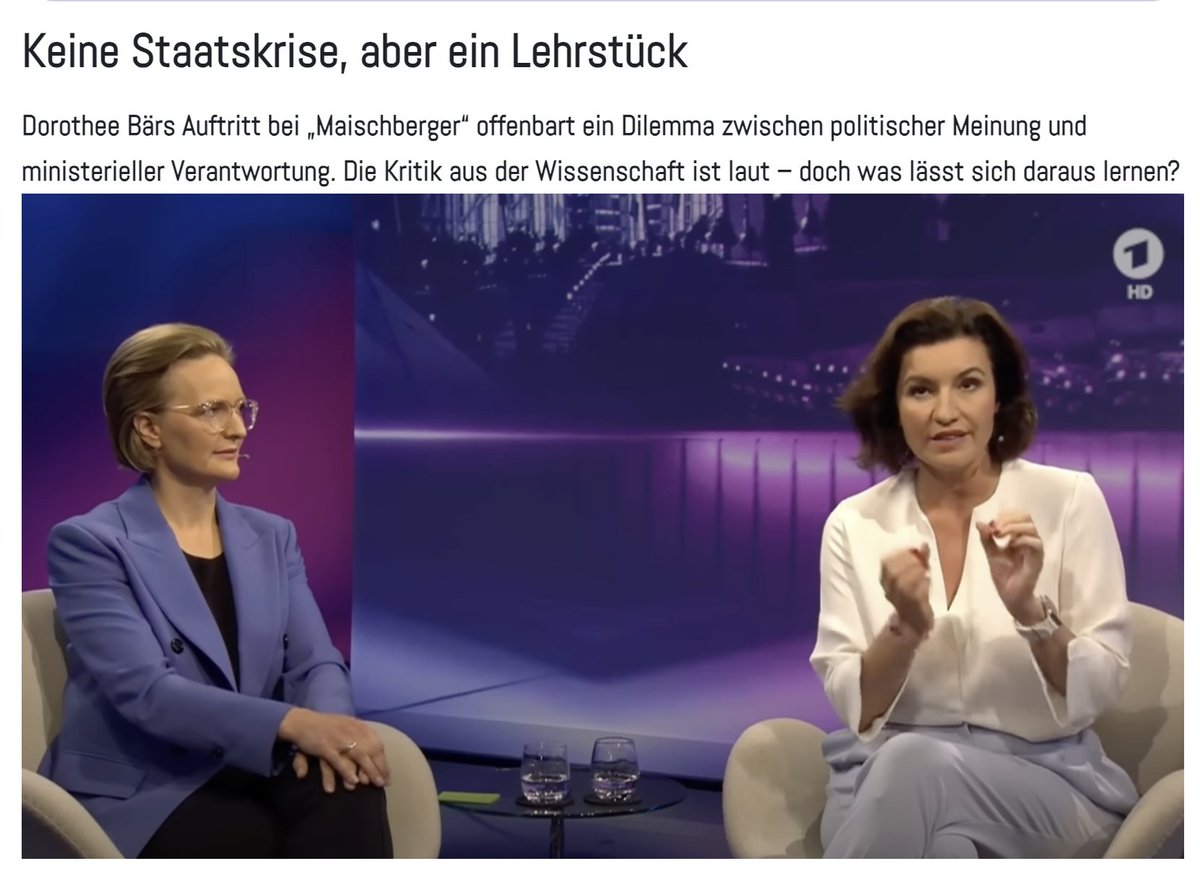 Keine Staatskrise, aber ein Lehrstück

Dorothee Bärs Auftritt bei „Maischberger“ offenbart ein Dilemma zwischen politischer Meinung und ministerieller Verantwortung. Die Kritik aus der Wissenschaft ist laut – doch was lässt sich daraus lernen?

Im Blog: jmwiarda.de/blog/2025/07/1…