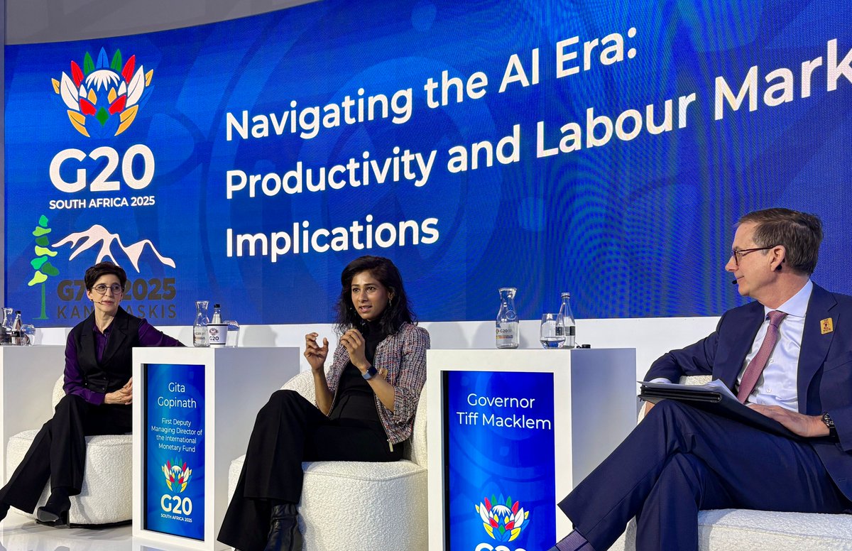 GitaGopinath's tweet image. Starting #G20SouthAfrica with dynamic panel on AI & labor productivity. My messages: (1) Estimates of AI’s impact on productivity are wide-ranging and still unclear (2) What is clear is the need build up digital infrastructure & human capital. Watch here: bit.ly/410ZE1l