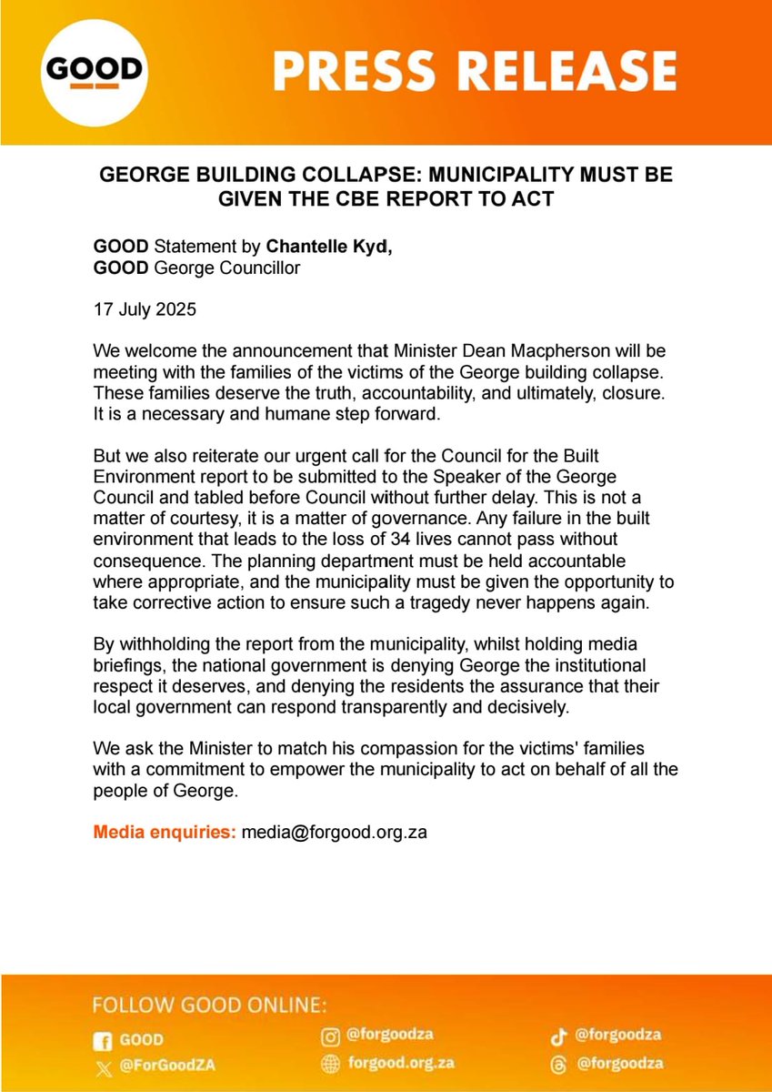 GEORGE BUILDING COLLAPSE: MUNICIPALITY MUST BE GIVEN THE CBE REPORT TO ACT

We welcome the announcement that Minister Dean Macpherson will be meeting with the families of the victims of the George building collapse. These families deserve the truth, accountability, and