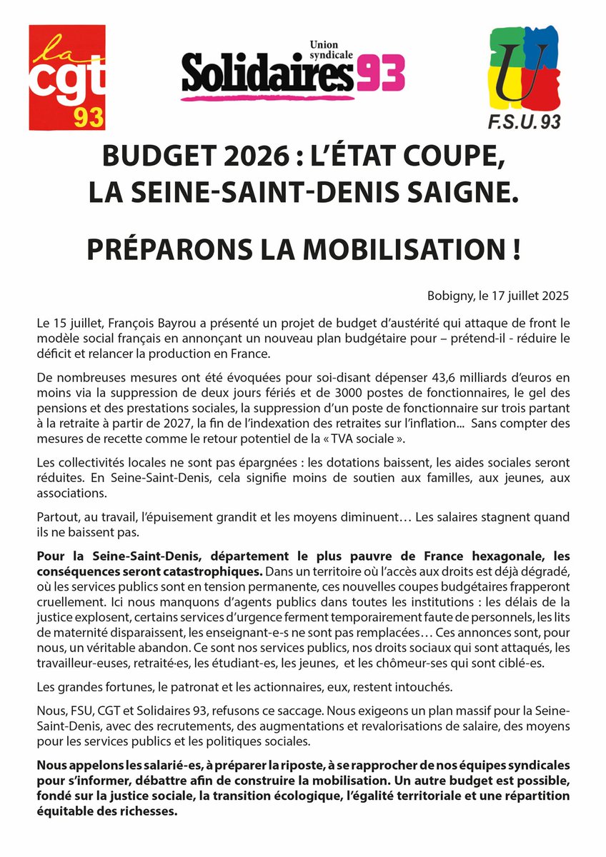 Budget 2026: ils préparent les privatisations
Tous azimuts de nos biens communs. Souhaitent casser nos droits. Baisser nos salaires et nos pensions. Dans le 93 préparons la riposte !