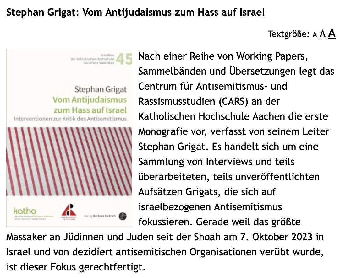 CARSkatho's tweet image. Bei "Sehepunkte" ist eine Besprechung zu Stephan Grigats im Verlag Barbara Budrich erschienenen Band "Vom Antijudaismus zum Hass auf Israel" erschienen, der auf der Verlagsseite als Open Access Download zur Verfügung steht
sehepunkte.de/2025/07/40342.…