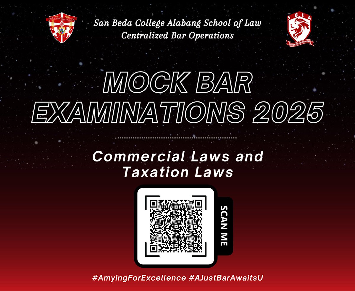 📣 2025 SBCA CBO MOCK BAR EXAMINATIONS: Open To All!

Scan the QR codes for access. Each subject has its own code.

Crim &amp; Ethics to follow.

To receive the suggested answers, tick the appropriate box in the form.

Deadline - July 27, 2025.

#SBCACBO
#Bar2025
#AMYingForExcellence
