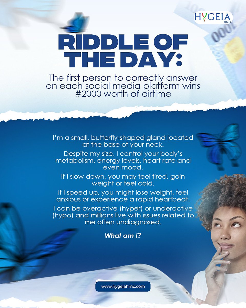 HygeiaHMO_'s tweet photo. RIDDLE TIME!โจโจโจThink fast, type faster โจLetโs see whoโs got the sharpest mind today!โจโจ#HygeiaHMO #RiddleOfTheDay #WinAirtime #HealthFun #WellnessChallenge https://t.co/K51Emo1lnL