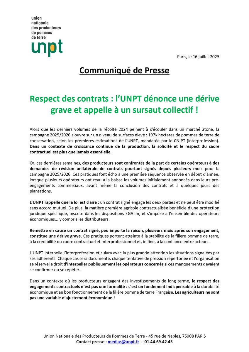 🚨L’@UNPT tire la sonnette d’alarme : le respect des contrats entre #producteurs et #industriels est en grave dérive. Des producteurs sont confrontés de la part de certains opérateurs à des demandes de révision unilatérale de contrats pourtant signés depuis plusieurs mois pour la