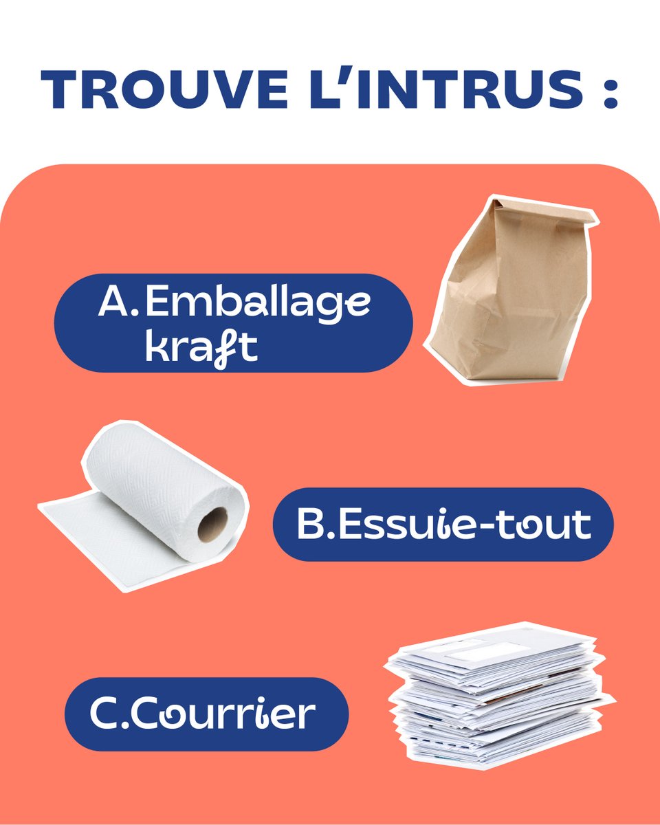 Ici il s’agit de…

🧻 L’essuie-tout ! 

En effet, l’emballage kraft et le courrier vont dans le bac jaune tandis que l’essuie-tout va dans le composteur s'il n'est pas souillé ou dans la poubelle des ordures ménagères s'il est trop sale.

📍bit.ly/37rKNlh