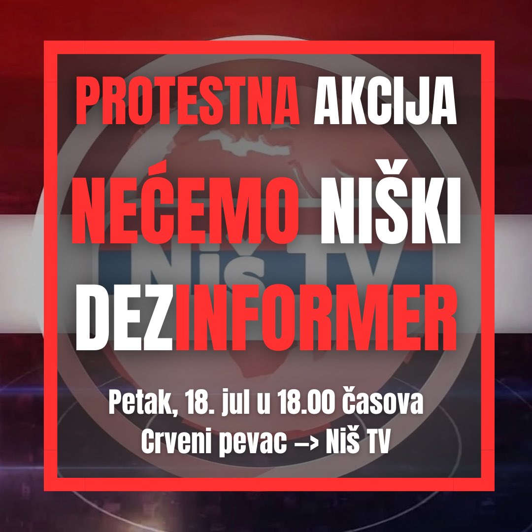 ‼️ NIŠ ‼️

Pozivamo vas na novi studentski protest koji će se održati u petak, 18. jula, sa početkom u 18.00 časova. Okupljanje je zakazano na raskrsnici kod Crvenog pevca, odakle ćemo se uputiti do zgrade Niš TV, u blizini Ekonomske škole.

Studenti stoje uz svoje nastavnike! ❤️