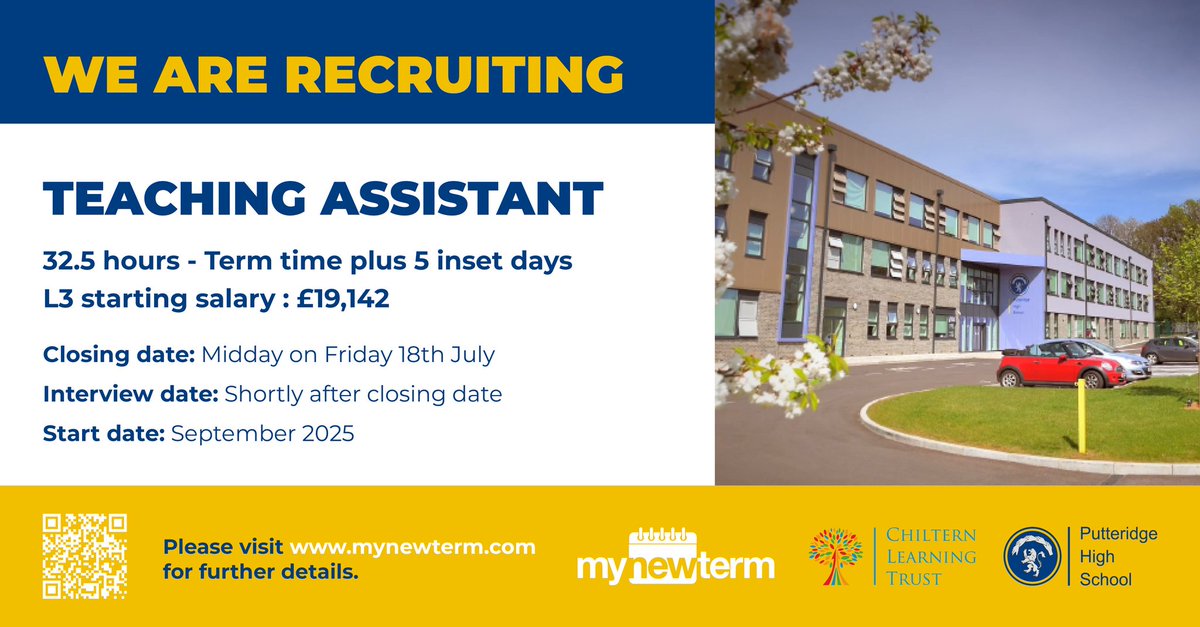 PutteridgeHSch's tweet image. 🚨 Last chance! Applications close TOMORROW at 12pm!
Join the Putteridge team this September:
🎓 Teaching Assistant
📚 Cover Supervisor
Passionate about supporting students? Don’t miss out!
👉 Apply now: mynewterm.com/school/Putteri…
@ChilternLT @AJRAllModCons @unleashing_me