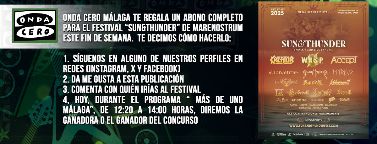 🤘🧑‍🎤👩‍🎤👨‍🎤🎸🎸🎸🎸  Onda Cero Málaga te regala un abono completo para el Festival “Sun&amp;Thunder” de Marenostrum este fin de semana.

¡Sigue las instrucciones y participa en el concurso!