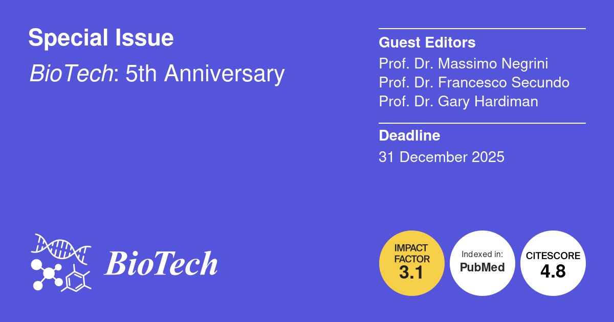 #callforpapers 
🧐Glad that we published 2 papers in 5th #AnniversarySpecialIssue and welcome to submit your papers.
👩‍🏫 Guest Editors: Prof. Dr. Massimo Negrini
Prof. Dr. Francesco Secundo
Prof. Dr. Gary Hardiman
📅 Deadline: 31 December 2025

👉mdpi.com/journal/biotec…