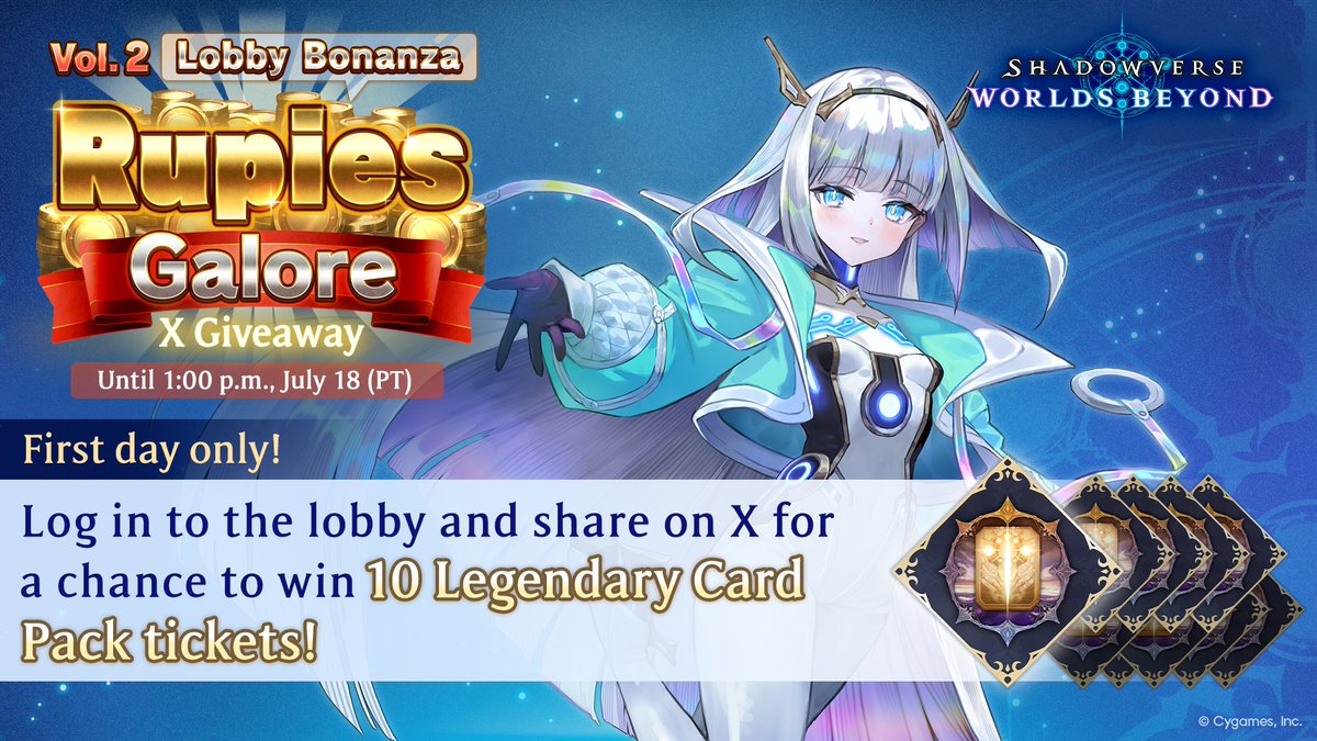 I'm entering the #ShadowverseWB Lobby Bananza: Rupies Galore Day 1 giveaway for a chance to win 10 Legendary Card Pack tickets! 🎁

👇 Enter for your chance to win now!
shadowverse-wb.com/en/