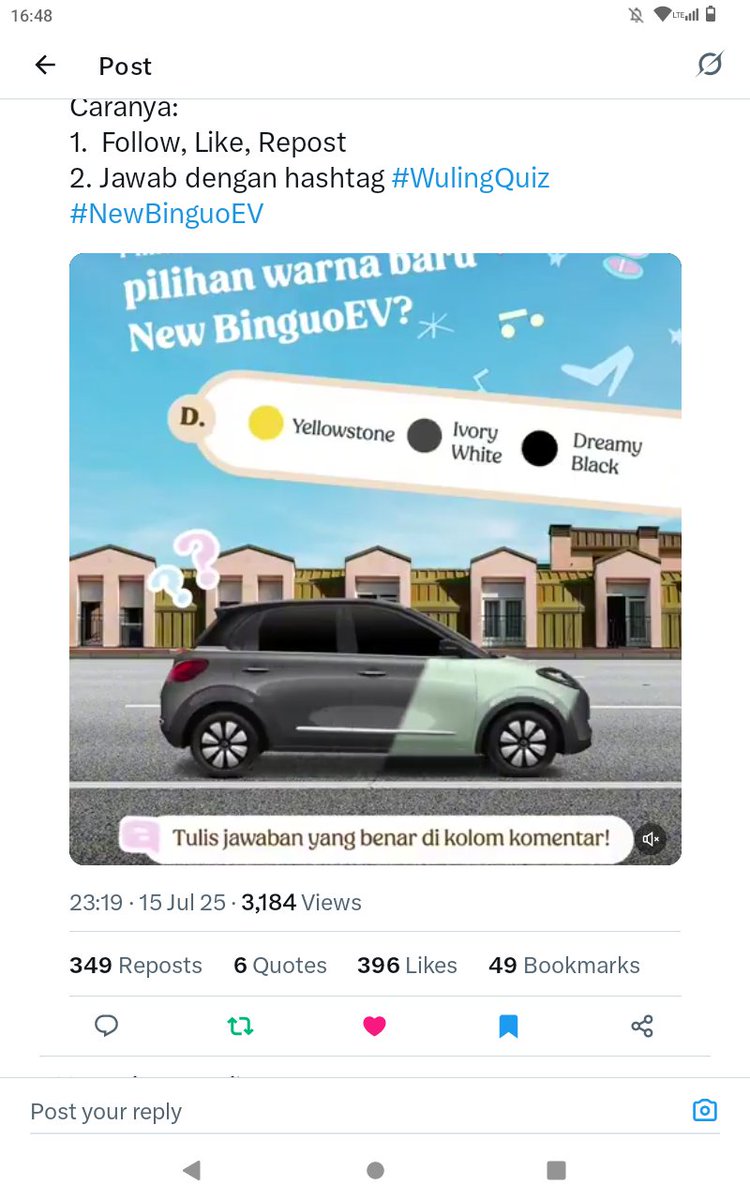 i_DreamOfJinnie's tweet image. Jawaban:
a. Avocado Green, Lemon Yellow, Tungsten Steel Grey, Starry Black

#WulingQuiz #NewBinguoEV