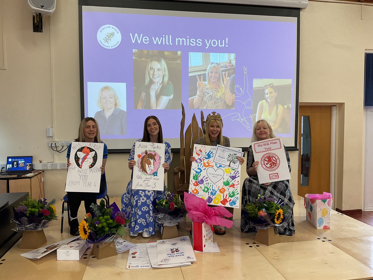 Today we had our leavers’ assembly for our four members of staff who are leaving this term. Thank you all for everything you have for all our Acklam Whin children and families. We will miss you all 💙 #goodluck #acklamwhinfamily
