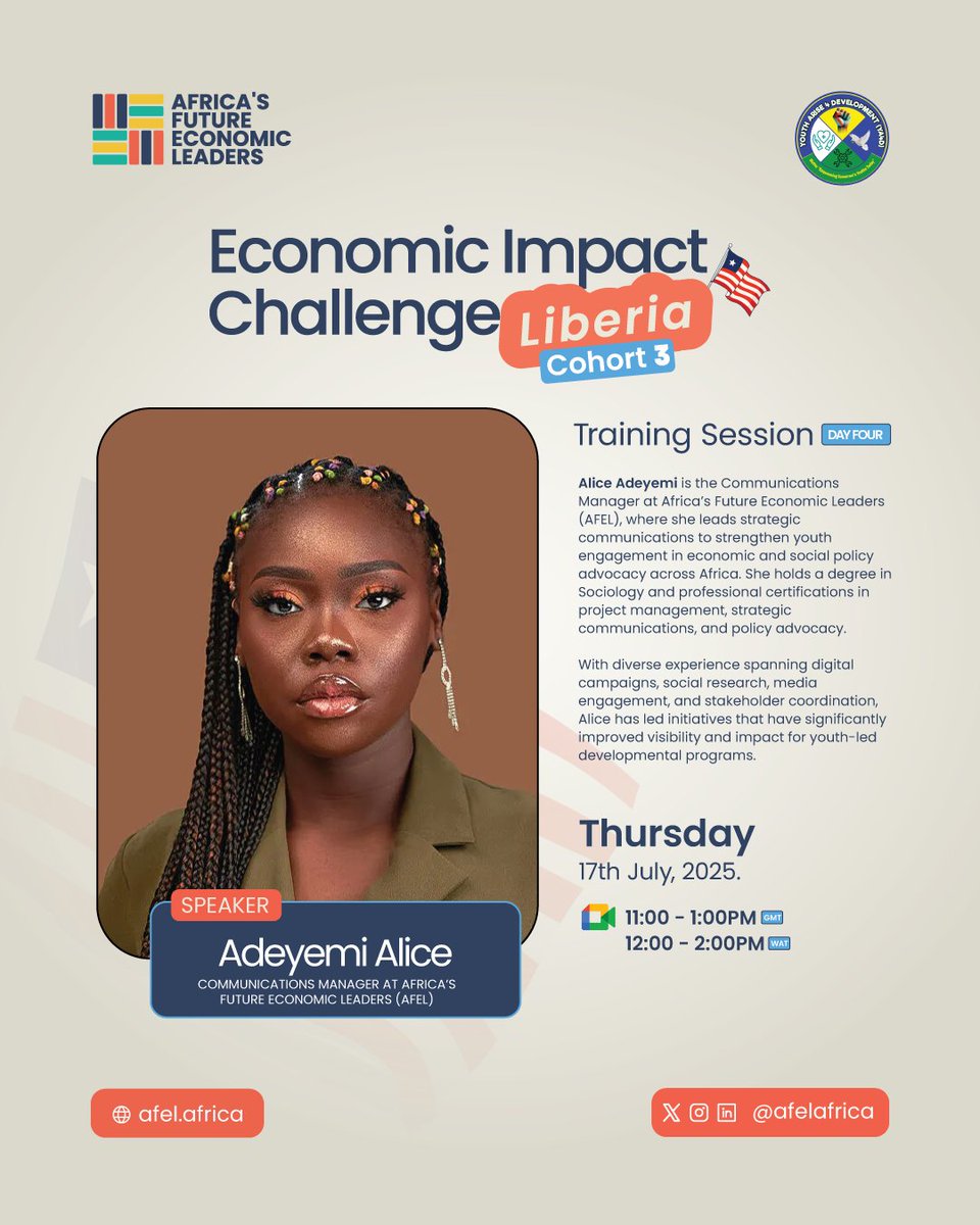 🔍 Day 4 – #EICLiberia
We’re diving into a core pillar of transformation: Research, Data Collection &amp; Creative Writing.

Today’s session empowers participants to turn evidence into action and ideas into influence.

📅 July 17, 2025 | ⏰ 12PM WAT
#AFEL #Afcfta #YouthLeadership