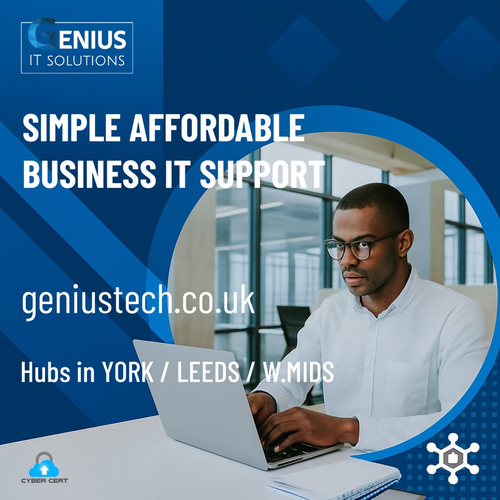 genius_support's tweet photo. Searching for straightforward and budget-friendly IT support for your business? 💻💡 Genius IT Solutions delivers exactly that!

Visit us at our hubs in York, Leeds, and the West Midlands, or explore our services online: https://t.co/Wuo5VebX5D

#GeniusITSolutions #ITSupport https://t.co/9b2xou8EX8