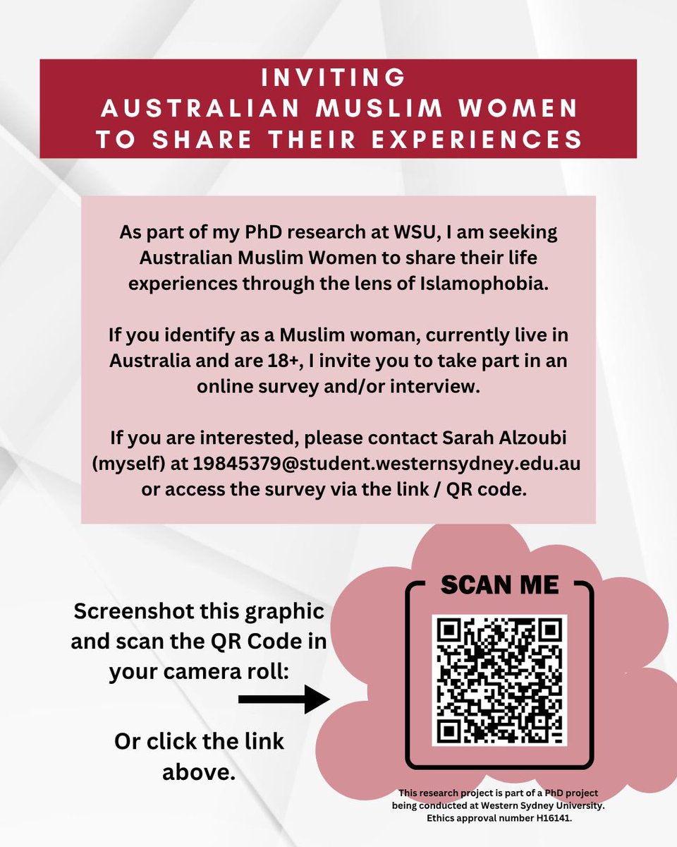 AAIMS (@aaimsau) on Twitter photo 🧕📢 We’re sharing this on behalf of AAIMS member & PhD candidate Sarah Alzoubi (<a href="/westernsydneyu/">Western Sydney University</a>), who’s researching Australian Muslim women’s experiences of Islamophobia.
✅ Muslim woman
✅ 18+
✅ Live in Australia?
📌 Join via survey:
surveyswesternsydney.au1.qualtrics.com/jfe/form/SV_1G…
#ResearchCall 🧕📢 We’re sharing this on behalf of AAIMS member & PhD candidate Sarah Alzoubi (<a href="/westernsydneyu/">Western Sydney University</a>), who’s researching Australian Muslim women’s experiences of Islamophobia.
✅ Muslim woman
✅ 18+
✅ Live in Australia?
📌 Join via survey:
surveyswesternsydney.au1.qualtrics.com/jfe/form/SV_1G…
#ResearchCall