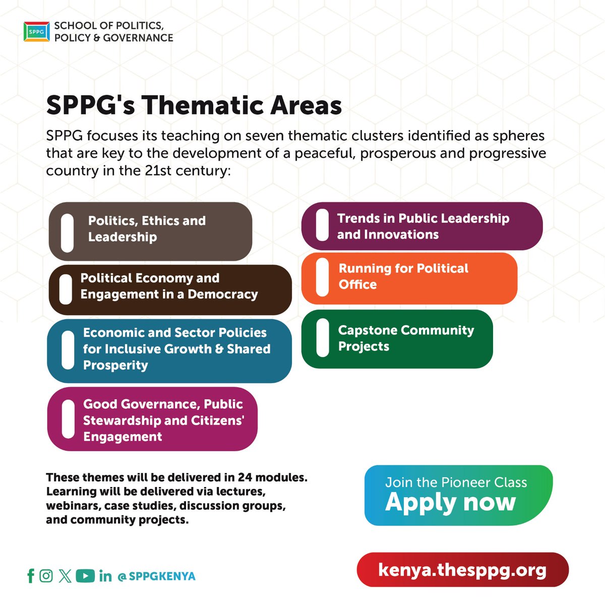 Seven thematic areas. One mission: Transform Kenya.
At SPPG, you’ll explore the core of governance and leadership from political ethics to public innovation, economic policy, and community projects.

 These themes are not just theory  they’re the foundation for action, change,