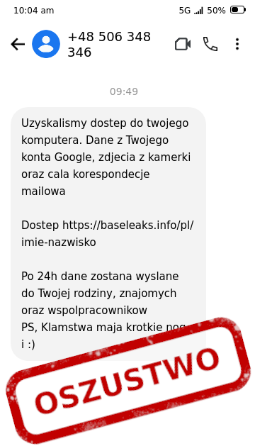 CERT_Polska's tweet image. ‼️ Ktoś twierdzi, że uzyskał dostęp do twojego komputera? Nie daj się szantażować!
💬 W ostatnich godzinach trwa szeroko zakrojona kampania SMS-owa z motywem znanym dotychczas z wiadomości e-mail. Oszuści informują o rzekomym przejęciu danych, w tym zdjęć i korespondencji. Pod…