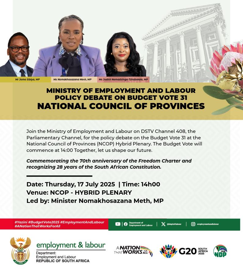Nomakhosazana Meth (@meth_khosi) on Twitter photo Join us today from 14:00, for the Employment and Labour Policy Debate on Budget Vote 31 at the National Council of Provinces on channel 408 and livestreamed across our platforms #BudgetVote31 #BudgetVote #GovZAUpdates <a href="/deptoflabour/">Department of Employment and Labour</a> <a href="/DmJomo/">Jomo Sibiya 🇿🇦</a> Join us today from 14:00, for the Employment and Labour Policy Debate on Budget Vote 31 at the National Council of Provinces on channel 408 and livestreamed across our platforms #BudgetVote31 #BudgetVote #GovZAUpdates <a href="/deptoflabour/">Department of Employment and Labour</a> <a href="/DmJomo/">Jomo Sibiya 🇿🇦</a>