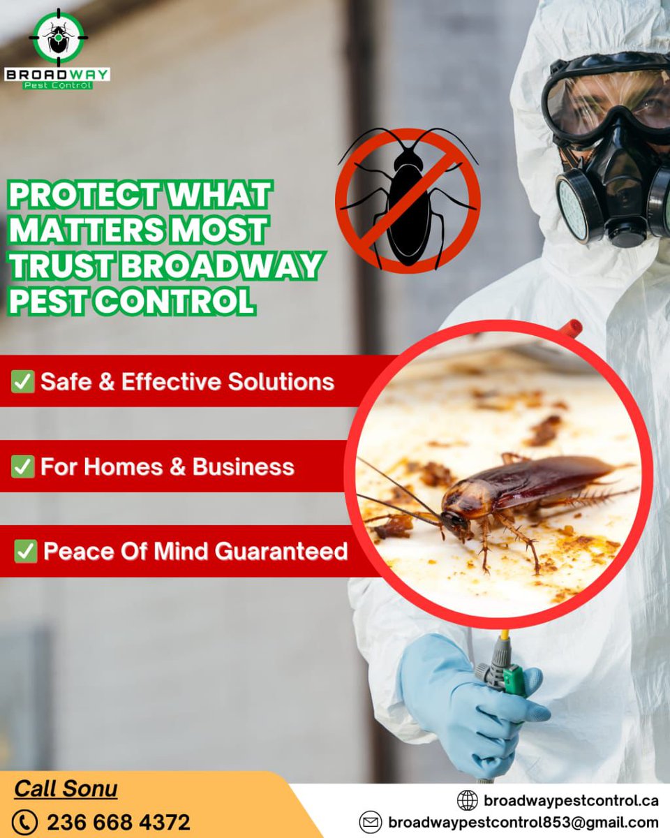 BroadPest93579's tweet image. At Broadway Pest Control, we offer fast, effective, and long-lasting cockroach extermination services that ensure your home or business stays pest-free and hygienic.

☎+1 236-668-4372
🌐 broadwaypestcontrol.ca

#cockroachextermination #pestcontrolservice #broadwaypestcontrol