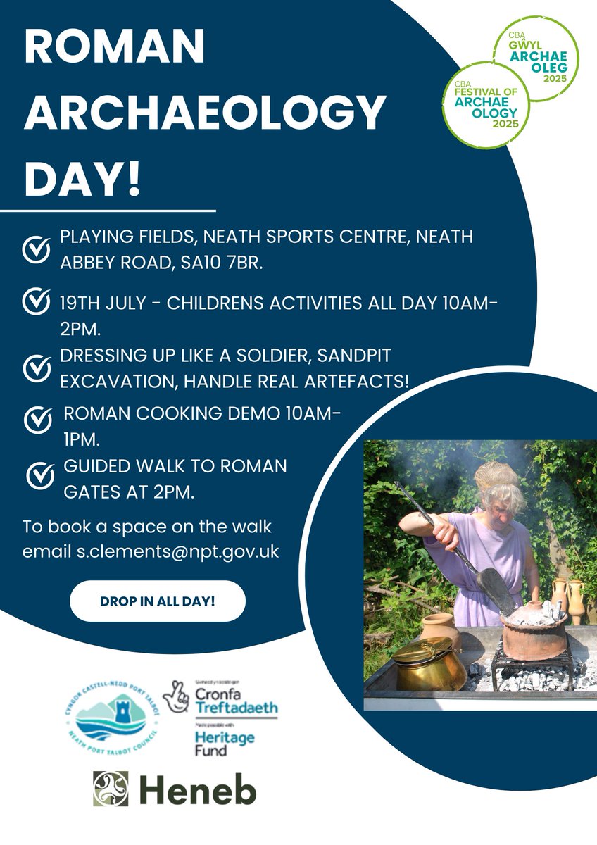 HeritageNPT's tweet image. Have you ever tasted Roman food before? Now is your chance! Come to our Roman Archaeology day for the Festival of Archaeology: archaeologyuk.org/festival/festi… @HeritageFundCYM @HenebTWA @archaeologyuk #FestivalofArchaeology2025