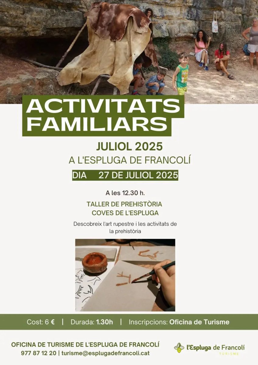 Costa Daurada (@costadauradatur) on Twitter photo 👩👧👦 Us agradaria fer un taller en família a les <a href="/covesespluga/">Coves de l'Espluga</a>? Els més petits descobriran l'art rupestre i faran activitats relacionades amb la prehistòria.
Propera data 👉 27/07
Més info 👇
<a href="/EsplugaTurisme/">Espluga Turisme</a> #CostaDaurada 👩👧👦 Us agradaria fer un taller en família a les <a href="/covesespluga/">Coves de l'Espluga</a>? Els més petits descobriran l'art rupestre i faran activitats relacionades amb la prehistòria.
Propera data 👉 27/07
Més info 👇
<a href="/EsplugaTurisme/">Espluga Turisme</a> #CostaDaurada