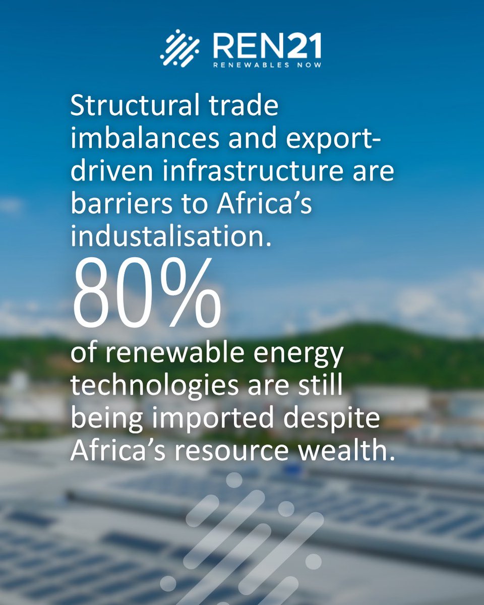 REN21's tweet image. Structural trade imbalances and export-driven infrastructure are barriers to Africa’s industrialisation and local value creation with renewables.
 
The energy transition must not replicate old models.

🚐🌍Africa’s infrastructure was built to export, not to empower. Legacy trade…