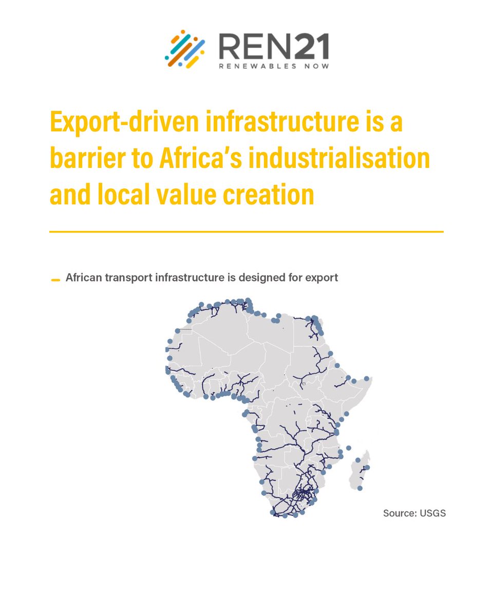 REN21's tweet image. Structural trade imbalances and export-driven infrastructure are barriers to Africa’s industrialisation and local value creation with renewables.
 
The energy transition must not replicate old models.

🚐🌍Africa’s infrastructure was built to export, not to empower. Legacy trade…