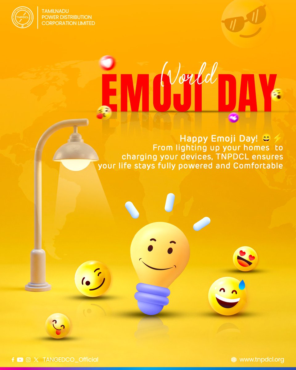 Happy Emoji Day! 😄😂😇😍🥰🤪😎🥳🤩⚡
From lighting up your homes to charging your devices, TNPDCL ensures your life stays fully powered and Comfortable.
#emoji | #WorldEmojiDay | #EmojiDay 

#TNEB | #TNPDCL | #TANGEDCO