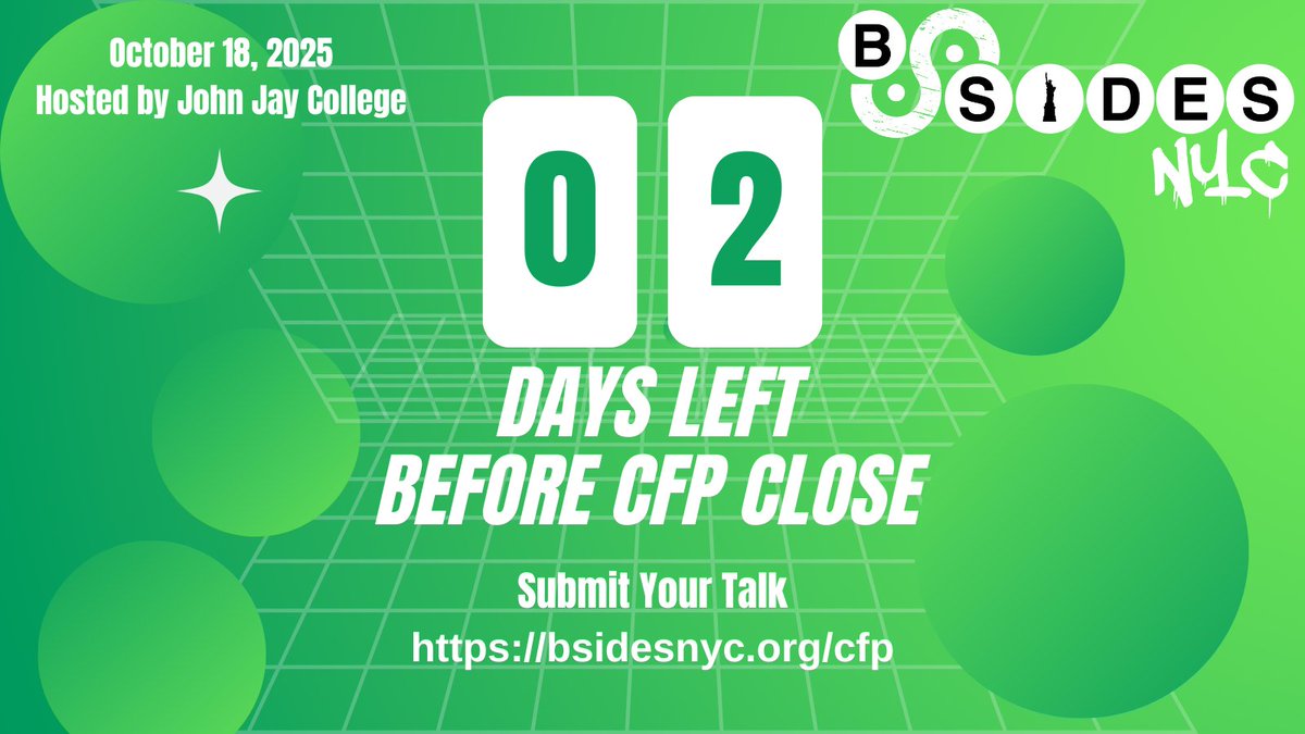 BSidesNYC's tweet image. BSidesNYC's CFP closes soon. Submit a talk today! bsidesnyc.org/cfp/
