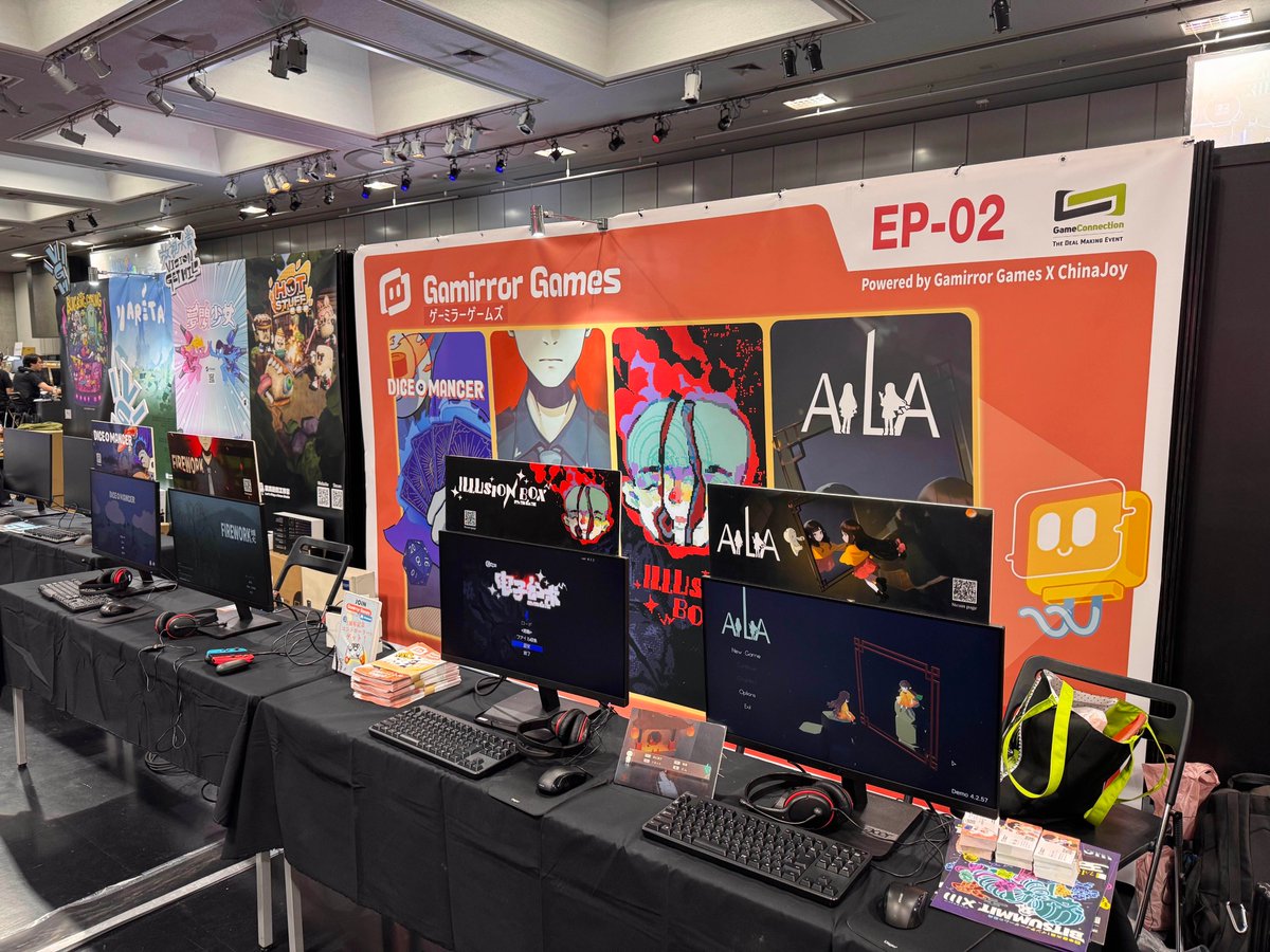 GamirrorGames's tweet image. BitSummitブース設営完了！
7月18日〜20日開催のBitSummitにて、インディーズゲームパブリッシャー「ゲーミラーゲームズ」は【EP-02】ブースで出展中！

『花火』『ILLUSION BOX』『サイコロマンサー』『AiliA』の4タイトルが試遊可能
ぜひ遊びに来てください〜！

#BitSummit #IndieGame