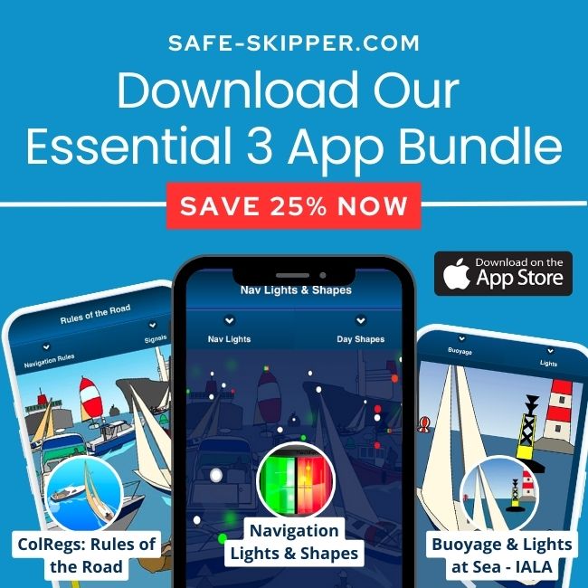 ⛵ SAVE 25% on these 3 ESSENTIAL SAILING apps! ✨
Clear, concise descriptions and graphic illustrations for quick reference wherever you are!

1️⃣  ColRegs: Rules of the Road
2️⃣  ColRegs: Nav Lights &amp; Shapes
3️⃣  IALA - Buoyage &amp; Lights

👉  apps.apple.com/us/app-bundle/…

#safeskipper