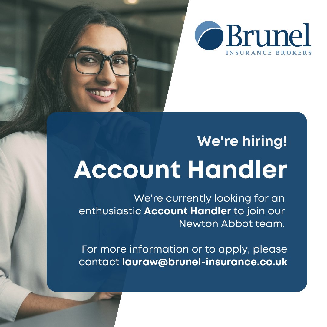 We are hiring! 📢

We're looking for an enthusiastic Account Handler to join our #newtonabbot team. If you would like to join our dynamic team, we would love to hear from you!

For more information or to apply, please contact:
lauraw@brunel-insurance.co.uk

#insurancejobs