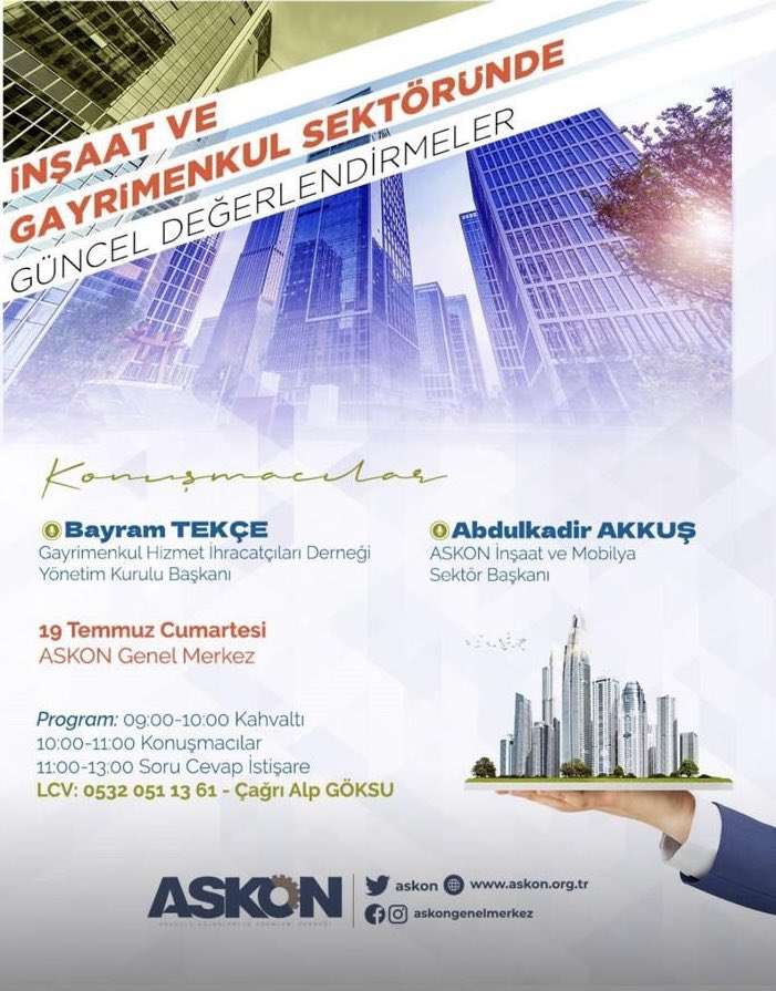 Cumartesi günü <a href="/ASKON/">ASKON 🇹🇷</a> misafiri olarak gayrimenkul sektörünün güncel durumunu Abdülkadir Akkuş ile beraber değerlendireceğiz. Ana konumuz uluslararası yatırımcı talepleri ve güncel piyasayı analiz beraber edeceğiz.  <a href="/gigderorg/">GİGDER</a> üyelerimizi de müsaitlikleri imkanında davet ediyorum.