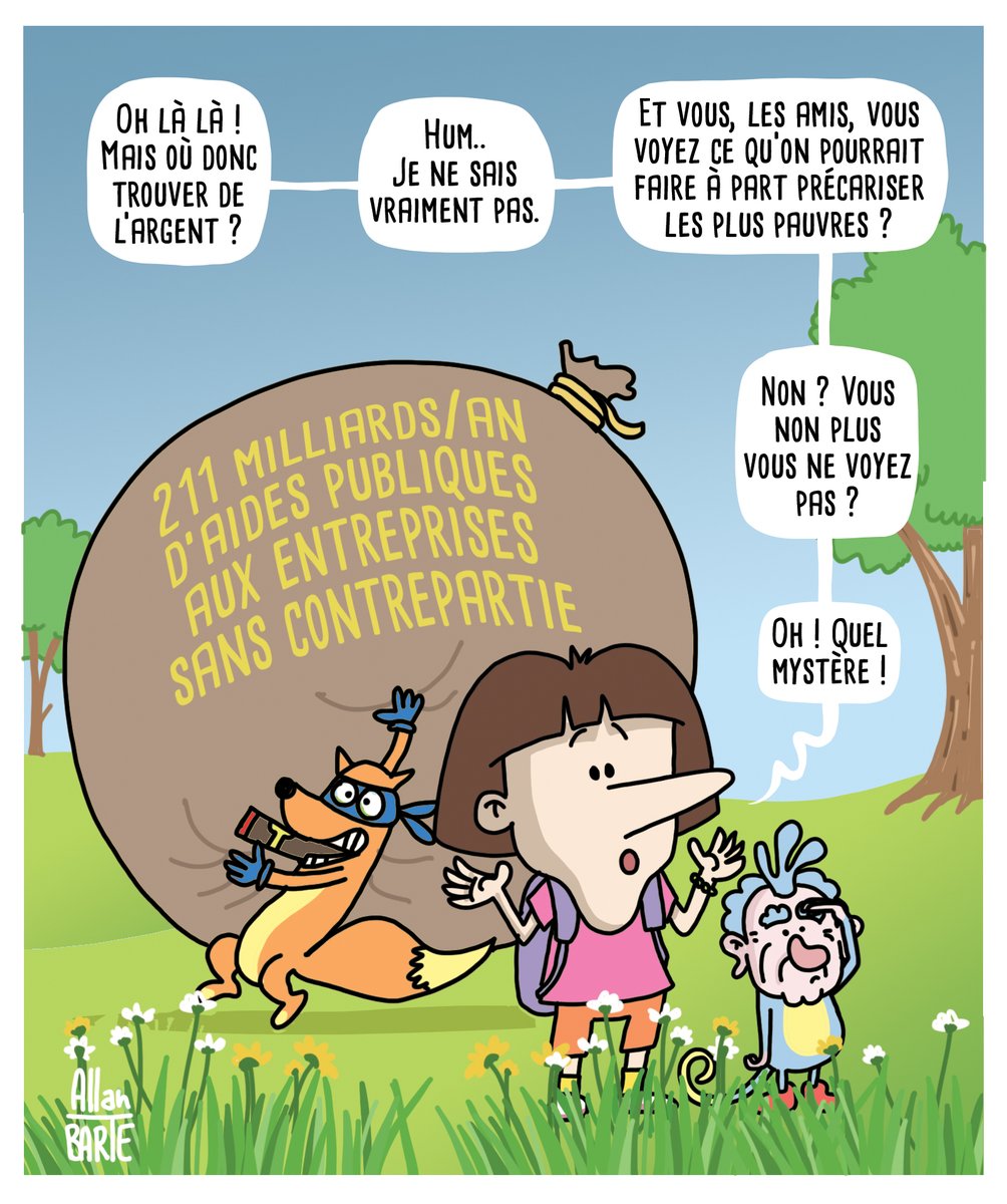 211 milliards d’euros par an  d’aides publiques aux entreprises sans aucune contrepartie !
211 MILLIARDS !

Ajoutez à ça les 100 milliards d’évasion fiscale…

Et maintenant, écoutez-les nous expliquer qu'il faudrait qu’on arrête de se soigner et qu’on travaille toujours plus.