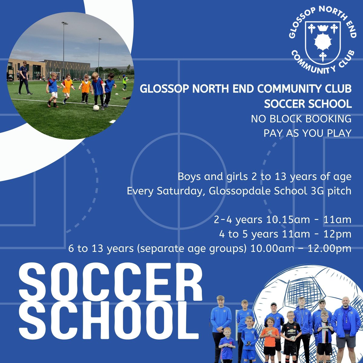 Kids - come and play football at @gstheplace today!

Soccer Starters Aged 2-4, 10.15am - 11am
Soccer School Aged 4 to 5 years 11am - 12pm | 6 to 13 years (separate age groups) 10.00am – 12.00pm

#PlayForYourTown #Glossop #VivaGNE #BestWeCanBe #LoveTheGame
