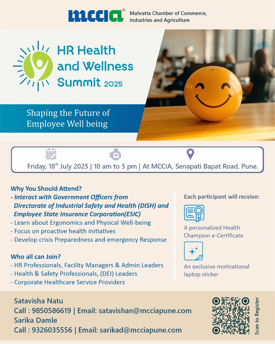 MCCIA_Pune's tweet image. MCCIA's HR Health & Wellness Summit 2025. Shaping the Future of Employee Well-being
📅 Friday, 18th July 2025
⏰ 9:30 AM - 5:00 PM
📍 MCCIA Trade Tower, S.B. Road, Pune
In today's competitive landscape, employee well-being isn't just a benefit—it's a strategic imperative! Join…