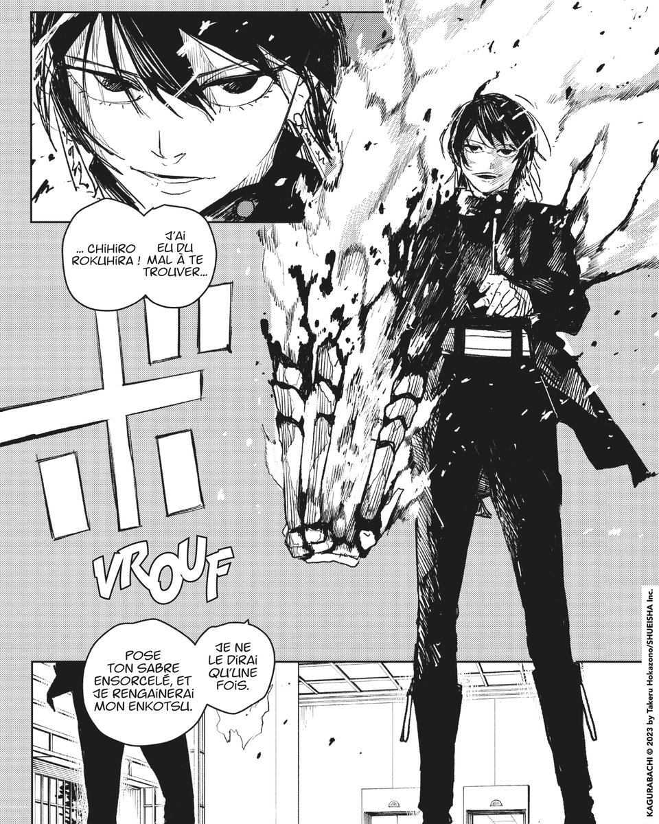 EditionsKana's tweet image. Alors qu'il est déterminé à récupérer le sabre ensorcelé "Shinuchi" lors des enchères, Chihiro se retrouve nez à nez avec Hiyuki Kagari, un membre d'élite du Kamunabi ! 💀
Découvrez leur affrontement dans le tome 3 Kagurabachi !