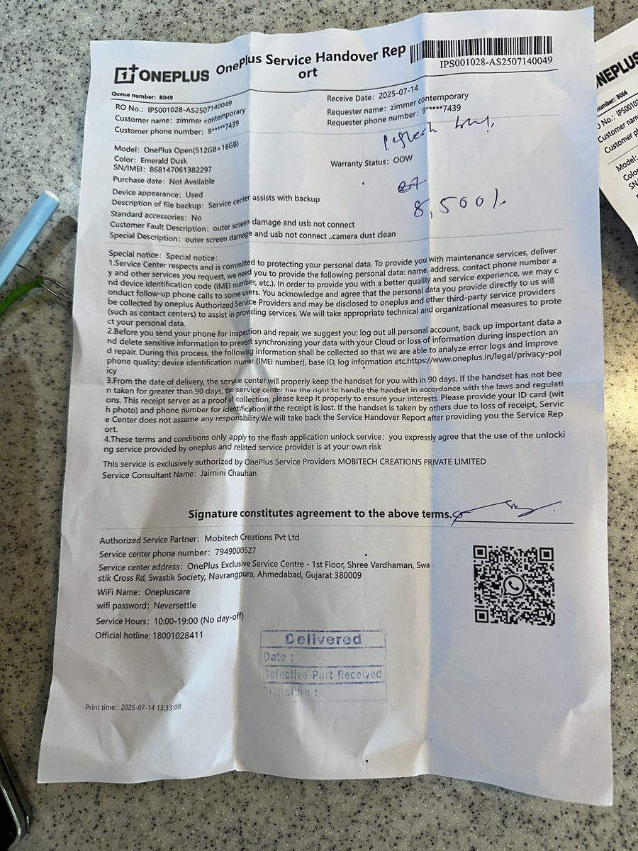 jiggyrocketmail's tweet photo. @OnePlus_Support Terrible experience with @OnePlus_IN ! Screen replacement estimate was ₹8,500 for oneplus open but ended up being ₹70,000 due to "bent frame! Its clear M not going to repair the device which costs 70k . Next time think twice before opting for oneplus https://t.co/AV0g0y4i3N