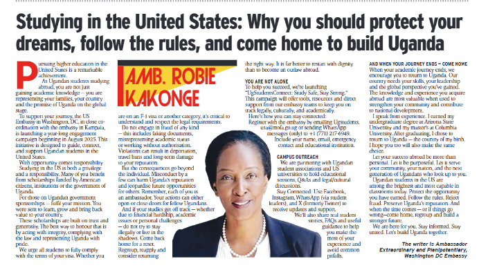 usmissionuganda's tweet image. 🇺🇬Amb @RobieKakonge ’s message to Ugandan students in the U.S. - make the most of your studies and stay in status as a student. @UgandaMFA