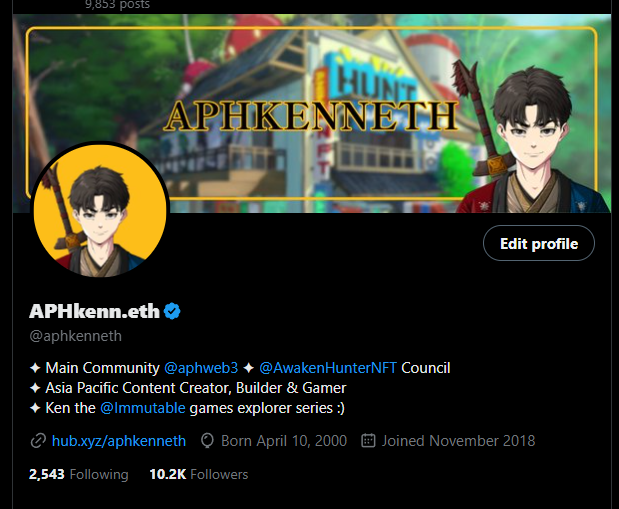aphkenneth's tweet image. Finally got the time to rebuild my X! :)
If you want to know me more, please do check my hub link in bio :)
Highlighting my mains here @aphweb3 &amp; @Immutable!
and ofc @AwakenHunterNFT banner + pfp
I suck in editing banners :&lt; need help... send some inspo with your AH below!