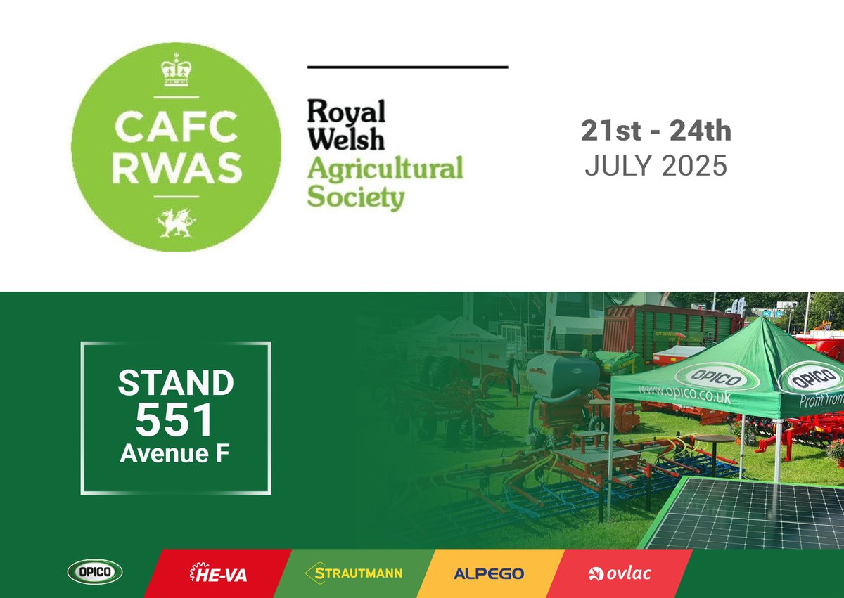 OPICO (@opicoag) on Twitter photo OPICO will have a stand at the <a href="/royalwelshshow/">Royal Welsh Agricultural Society</a> next week, 21–24 July!🌾
See machinery from <a href="/HEVA_uk/">HE-VA UK</a>, <a href="/StrautmannUk/">Strautmann UK</a>, <a href="/AlpegoUK/">Alpego UK</a>, <a href="/OvlacUK/">Ovlac UK</a> + an extensive OPICO range.
Innovation, reliability & performance on display!
Mi welwn ni ch 'na! 👋
#RoyalWelshShow #SioeFrenhinolCymru OPICO will have a stand at the <a href="/royalwelshshow/">Royal Welsh Agricultural Society</a> next week, 21–24 July!🌾
See machinery from <a href="/HEVA_uk/">HE-VA UK</a>, <a href="/StrautmannUk/">Strautmann UK</a>, <a href="/AlpegoUK/">Alpego UK</a>, <a href="/OvlacUK/">Ovlac UK</a> + an extensive OPICO range.
Innovation, reliability & performance on display!
Mi welwn ni ch 'na! 👋
#RoyalWelshShow #SioeFrenhinolCymru