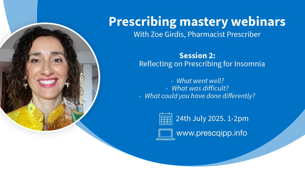 PrescQIPP's tweet image. Join @FormulaZoeG at her next Prescribing Mastery webinar, where she&apos;ll be running her second session about Prescribing for Insomnia.

Sign up to join the webinar 1-2pm on 24 July here: prescqipp.info/learning/presc…
