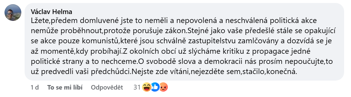 Posledniskaut's tweet photo. "Nejste zde vítáni, nejezděte sem, stačilo, konečná."
Komunistům nepovolili v Srbech u Nepomuku opékání buřtů s Konečnou, ti teď pláčí na Facebooku.
(Helmovi to tam vedou, jeden Helma je v Srbech starostou, druhý je zastupitelem) https://t.co/ZOmLCfgIWm