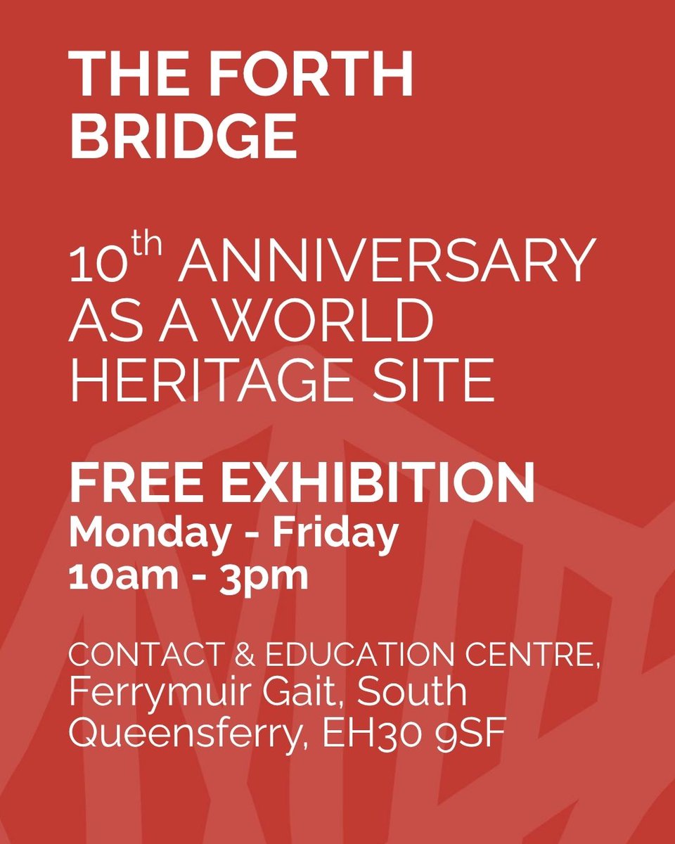 TheForthBridges's tweet image. There's another chance to visit the free exhibition for the 10th anniversary of the Forth Bridge as a UNESCO World Heritage Site. Open during the next few weeks of the school holidays, Monday - Friday, 10am - 3pm.
📍Contact & Education Centre, Ferrymuir Gait, South…