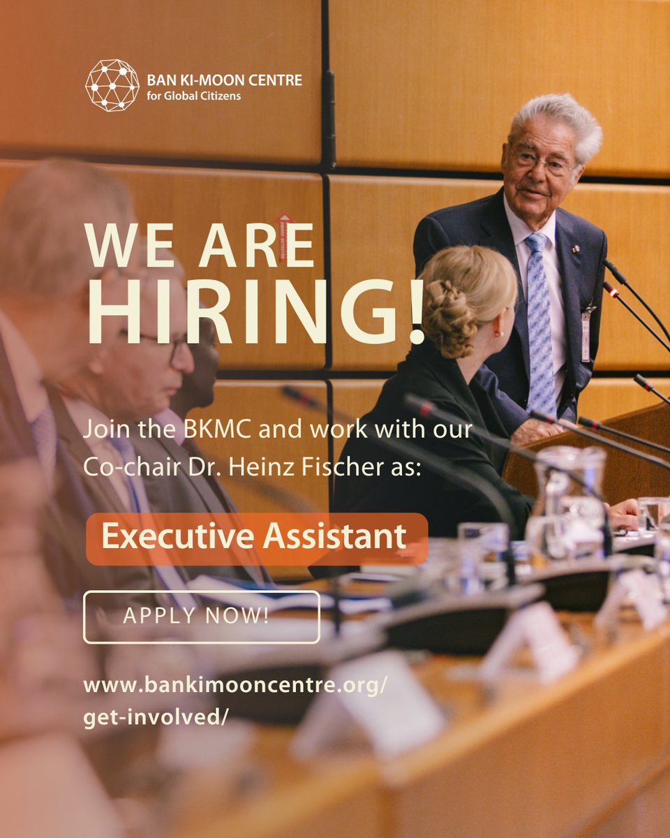 bankimooncentre's tweet image. #JobAlert: We're hiring a proactive & highly organized Executive Assistant to support #BKMC Co-Chair Dr. Heinz Fischer.
🗣️ Fluent in German and English?
🌍 Interested in international affairs & multilateral engagement?
More info and application: bankimooncentre.org/get-involved