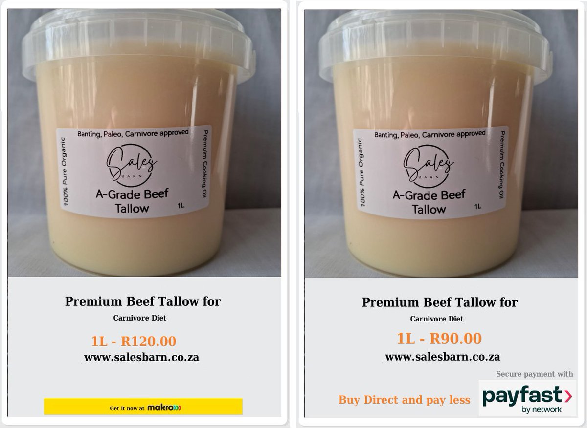 Salesbarnza's tweet photo. 🥩 Premium Beef Tallow for Carnivores Who Demand the Best 📷   Get it now at Makro

Buy direct from https://t.co/XR0Lmj2AHo and pay securely with payfast

Buy from Makro https://t.co/YcVjMIctly https://t.co/RcWUS1p7UI