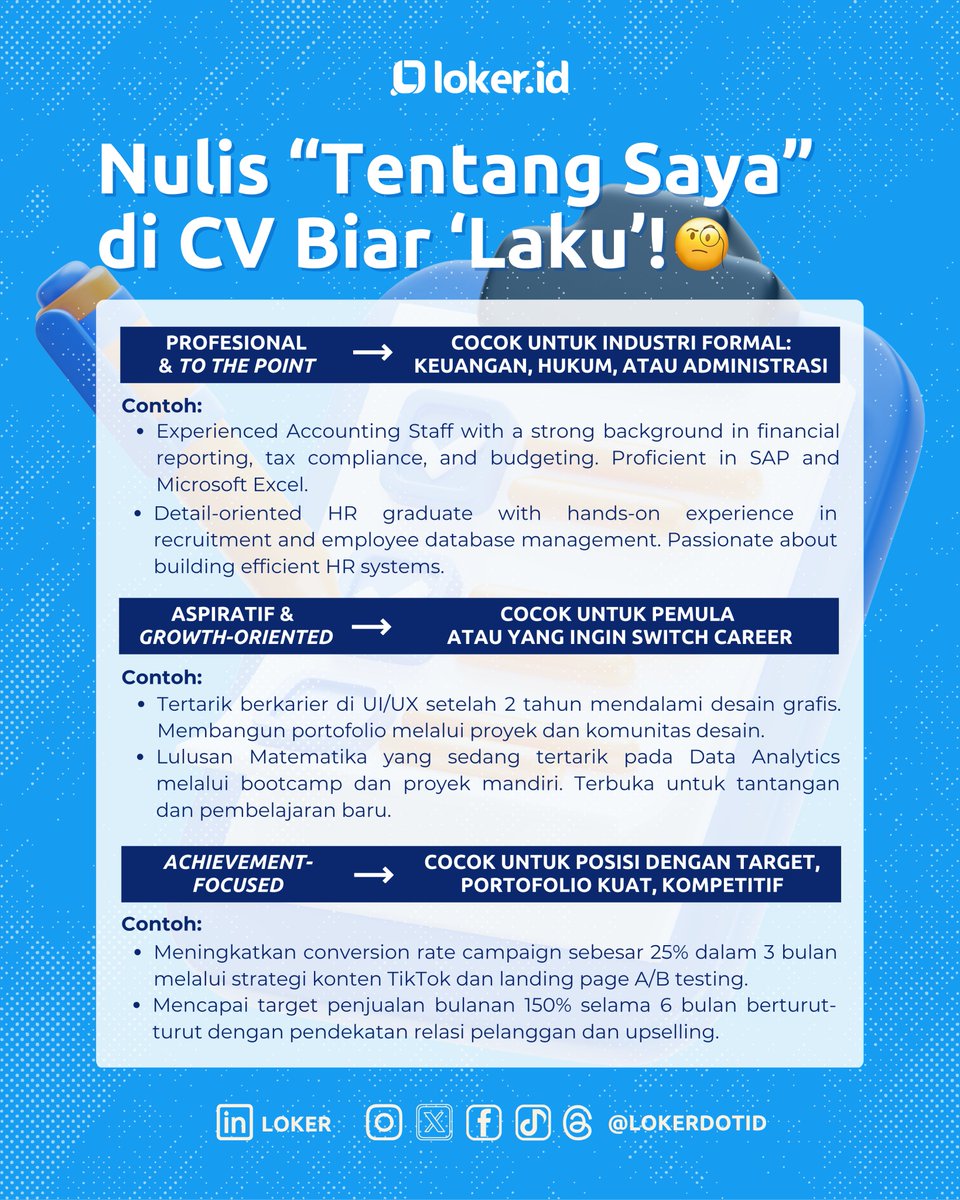 lokerdotid's tweet image. Suka bingung gimana cara nulis “Tentang Saya” atau “About Me” di CV?

Nih, Mimin bawain 3 style plus contohnya yang bakal ngedongkrak CV kamu.

So, “about me” kamu udah eye catching belom?🤫

#loker #tipskarir #tipscv #tipskerja