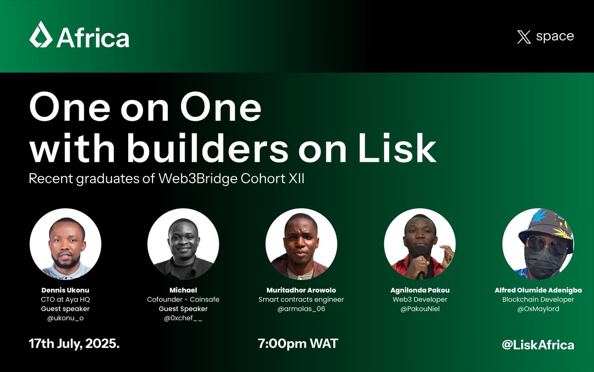 Lisk Africa (@liskafrica) on Twitter photo 🚨 Happening Today!
We’re sitting One on One with Builders on Lisk and recent graduates from the <a href="/Web3Bridge/">Web3bridge™ Africa</a> Cohort 🎓
These aren’t just alumni; they’re builders already building on the Lisk blockchain and we’re spotlighting their journeys, their projects, and what’s coming 🚨 Happening Today!
We’re sitting One on One with Builders on Lisk and recent graduates from the <a href="/Web3Bridge/">Web3bridge™ Africa</a> Cohort 🎓
These aren’t just alumni; they’re builders already building on the Lisk blockchain and we’re spotlighting their journeys, their projects, and what’s coming