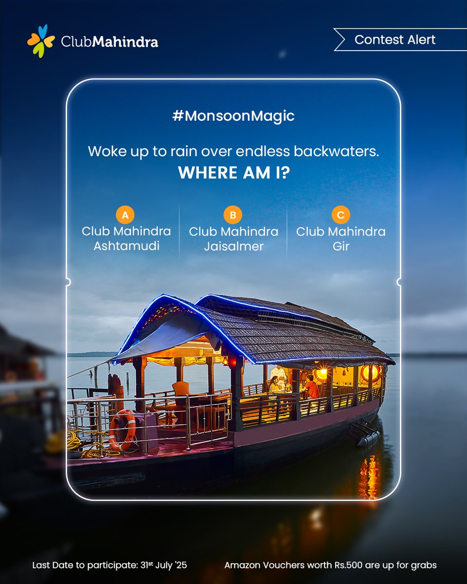 Club Mahindra (@clubmahindra) on Twitter photo #ContestAlert 1 of 15
Participate in all #MonsoonMagic Contest
STEPS
1) Comment below with your answer using #MonsoonMagic and #ClubMahindra. Don’t forget to tag <a href="/clubmahindra/">Club Mahindra</a> and four of your friends – it’s mandatory!
2) Participate in all 15 contest posts. Winners get #ContestAlert 1 of 15
Participate in all #MonsoonMagic Contest
STEPS
1) Comment below with your answer using #MonsoonMagic and #ClubMahindra. Don’t forget to tag <a href="/clubmahindra/">Club Mahindra</a> and four of your friends – it’s mandatory!
2) Participate in all 15 contest posts. Winners get