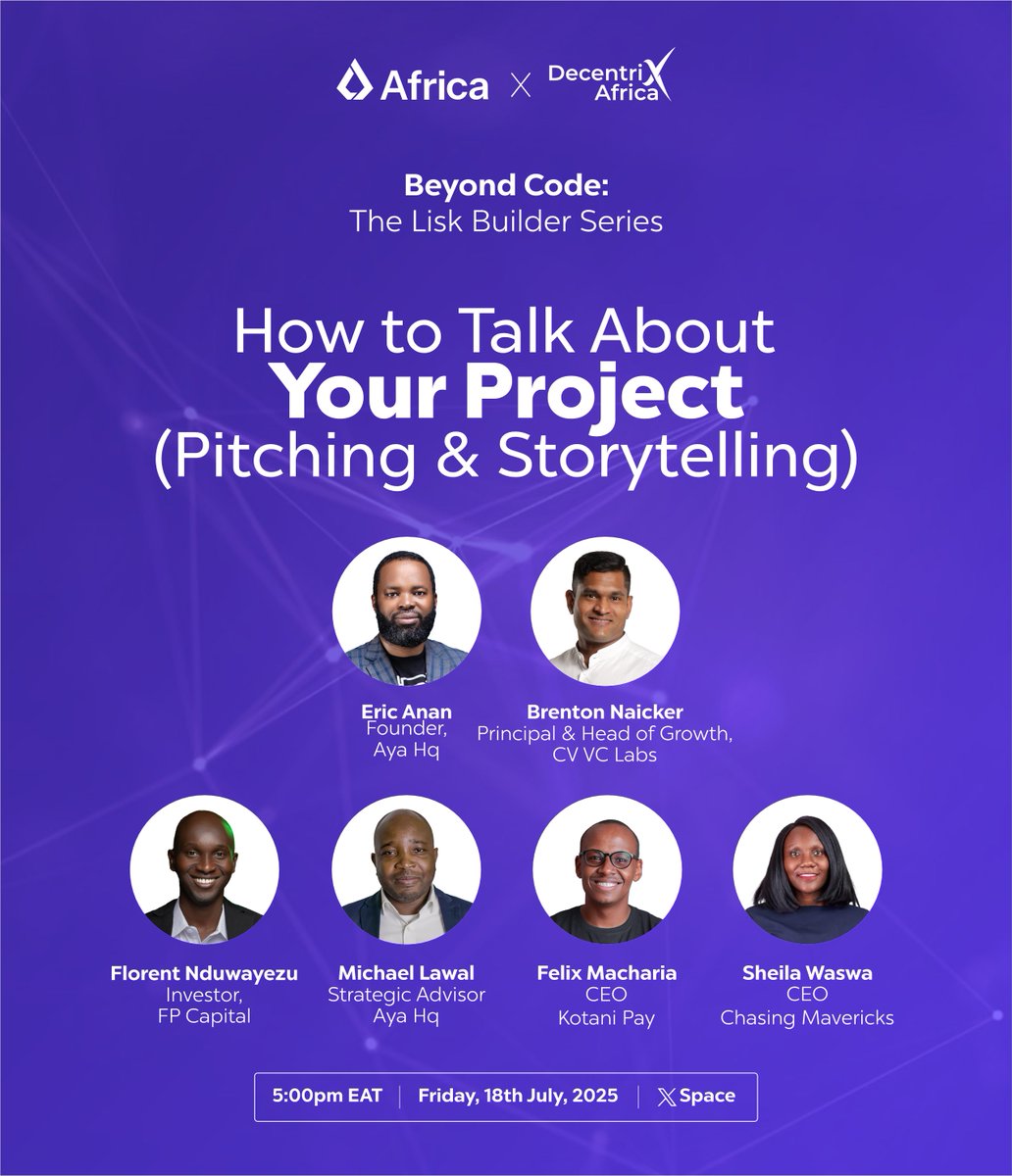 DecentrixAfrica's tweet image. How do you make people care about what you're building in Web3?
This Friday at 5PM EAT/ 3PM WAT/ 2PM GMT, @DecentrixAfrica and @LiskAfrica will be diving into “How to Talk About Your Project: Pitching & Storytelling” — part of the #LiskBuilderSeries.
Whether you're raising…